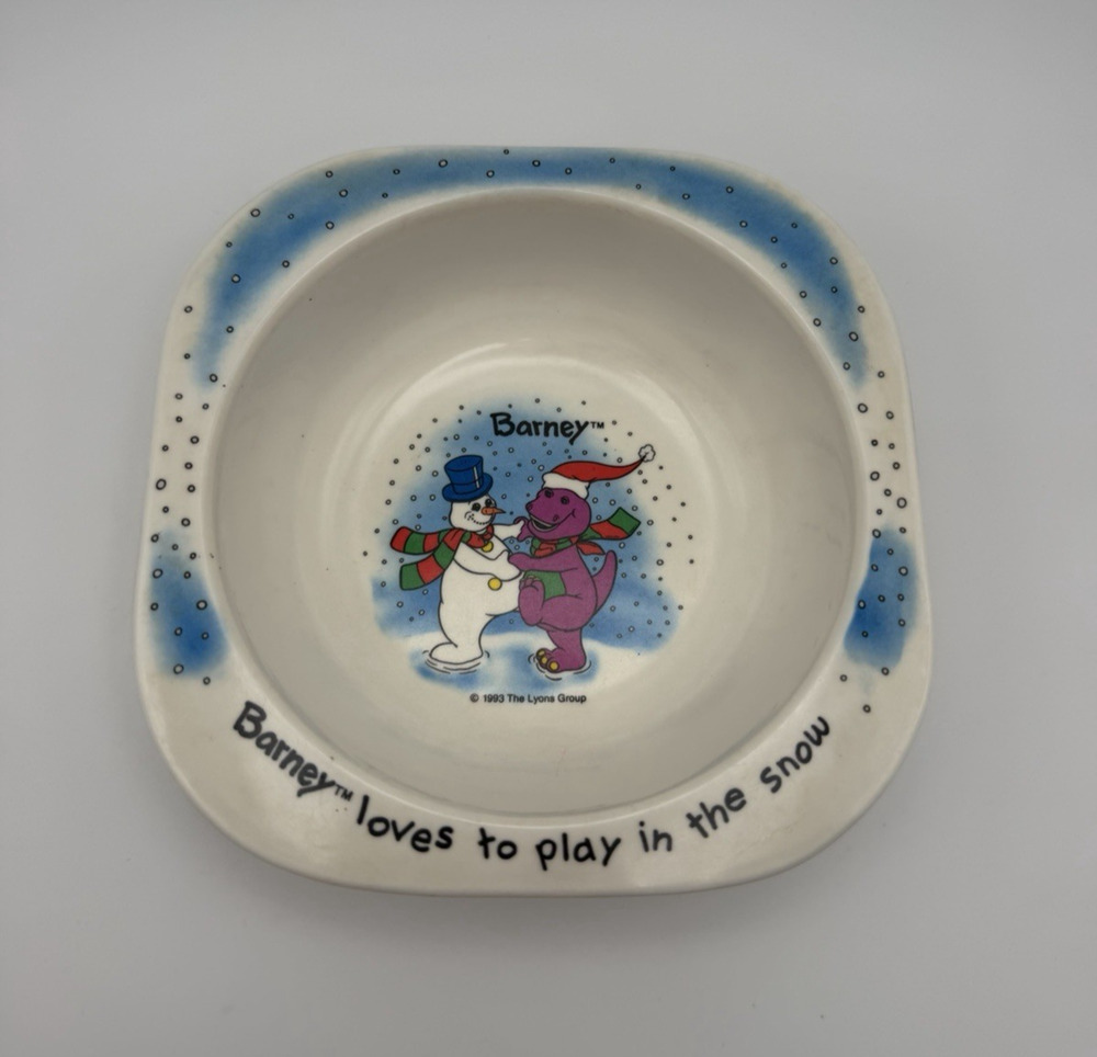 Barney the Dinosaur Vintage 1993 Melamine Cereal Bowl Barney Loves Snow Snowman